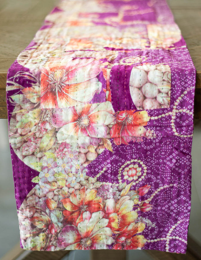 Dignify Cotton Table Runner in Cotton Kantha on a table