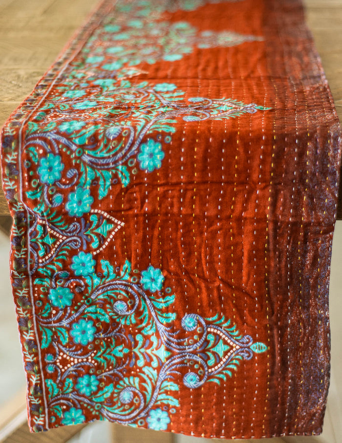 Dignify Cotton Table Runner in Cotton Kantha on a table