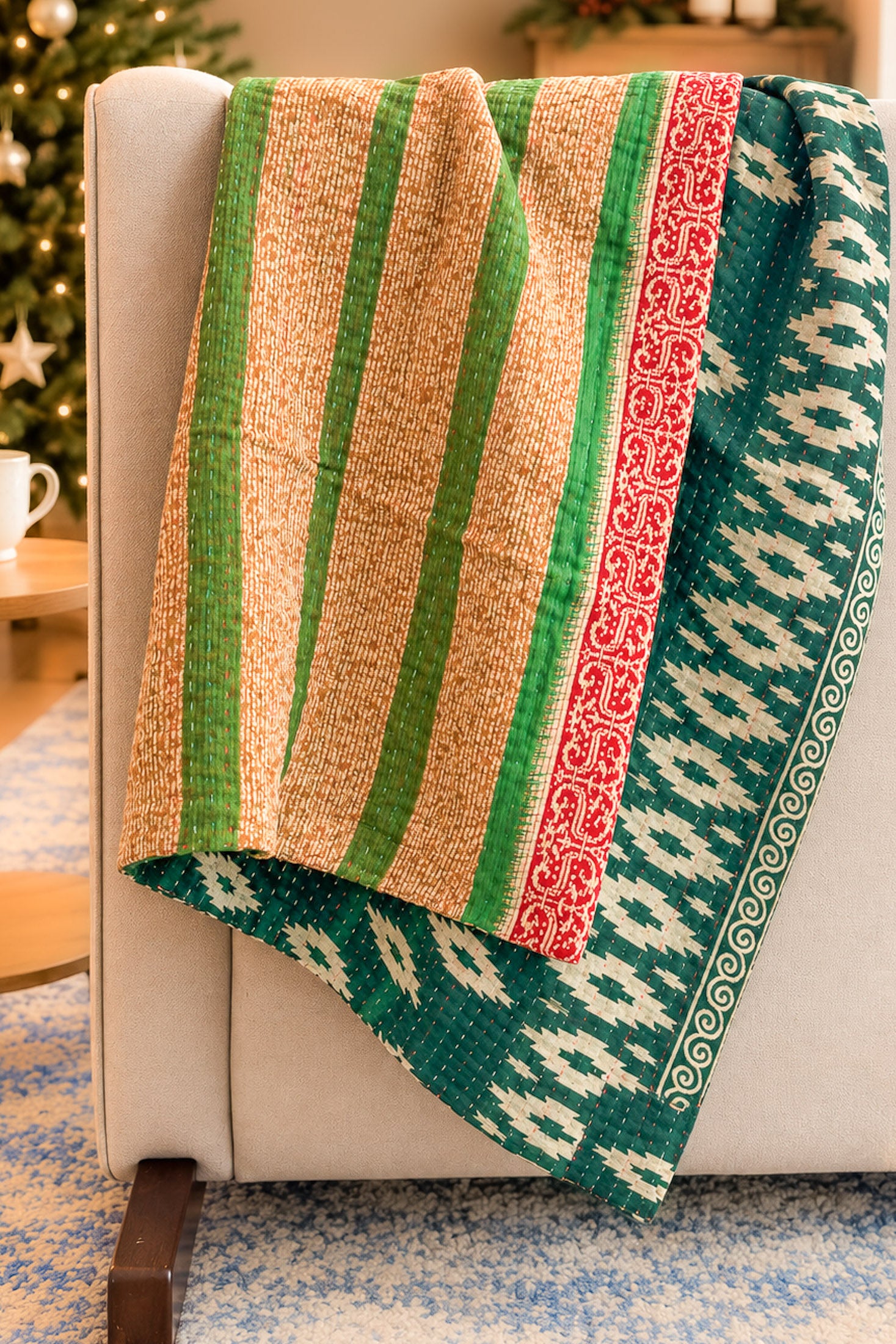 Candy Cane Holiday Kantha Blanket