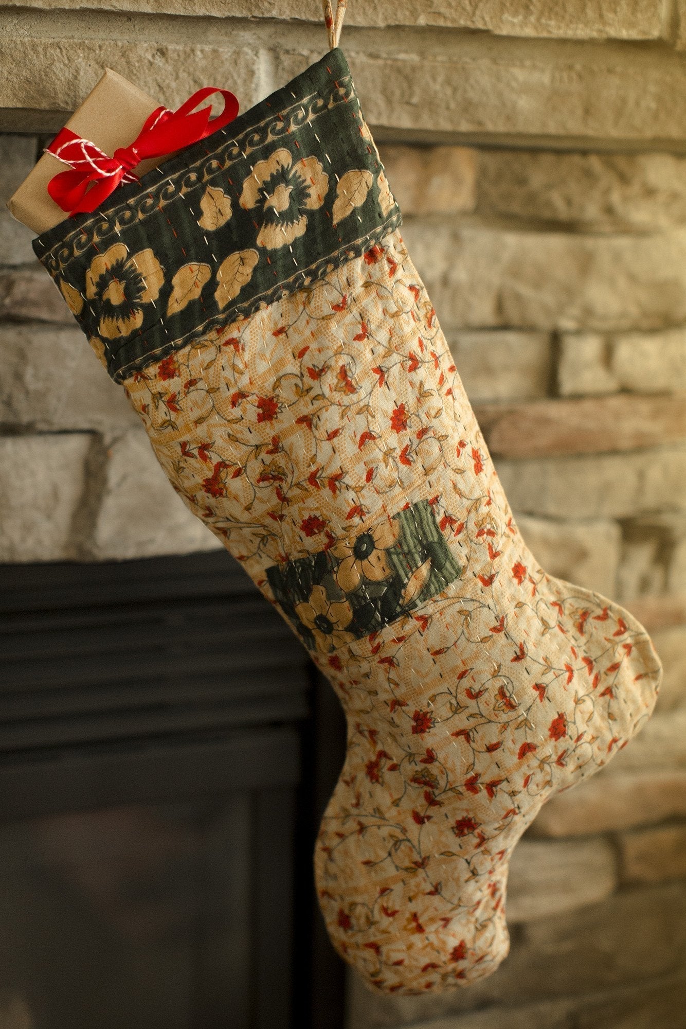 Kantha Holiday Stocking - Merry No. 24