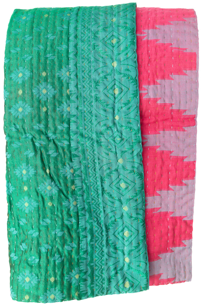 Emerald Silk Blend Kantha Throw Blanket