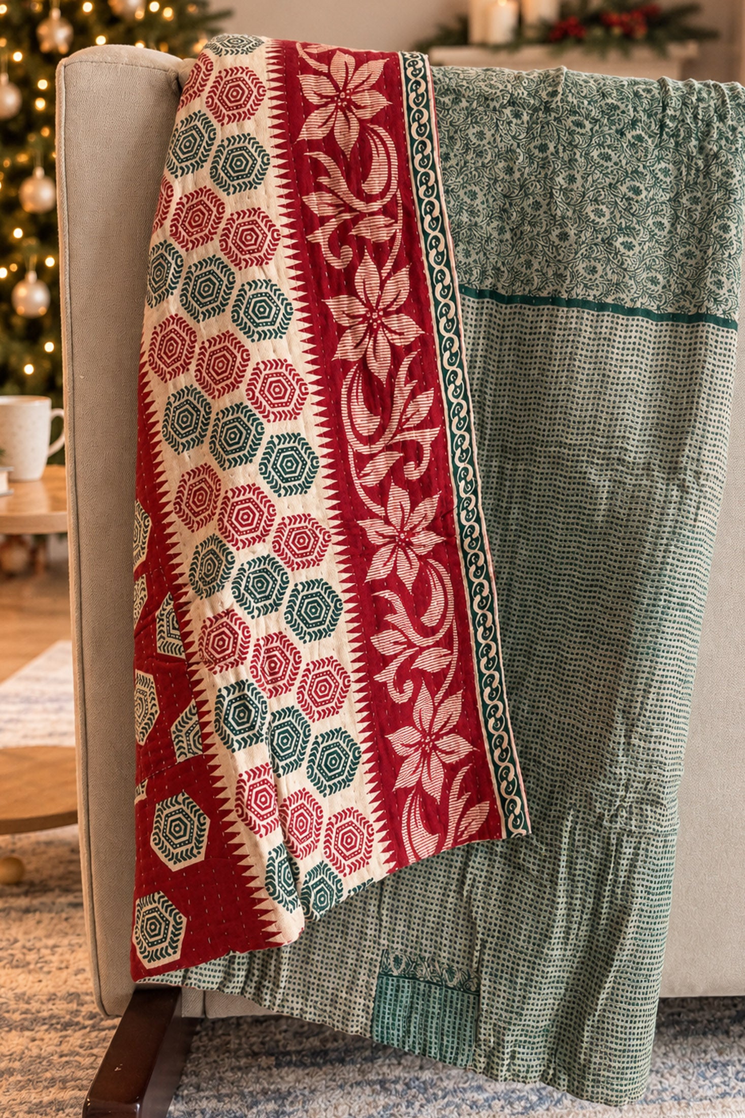 Evergreen Holiday Kantha Blanket