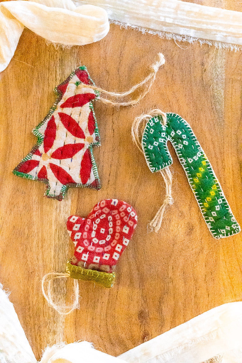 Kantha Stitched Tree Ornaments