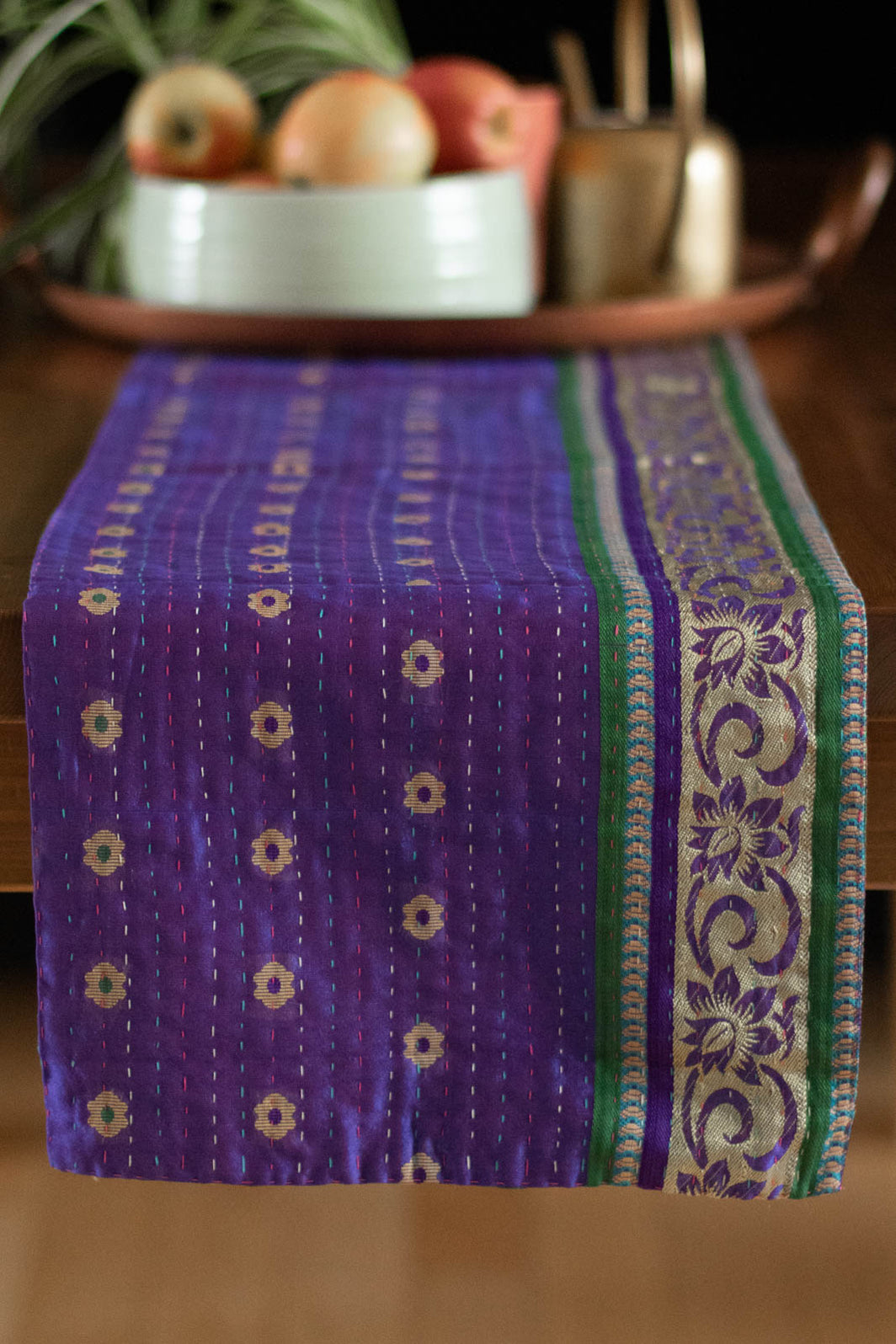 Linen Fringe me kantha Table Runner