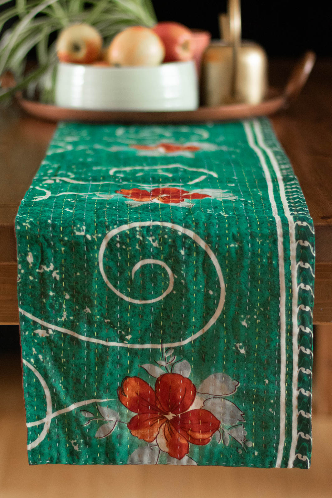 Grey - Chandi Mati Kantha Work Silk Cotton Table Runner