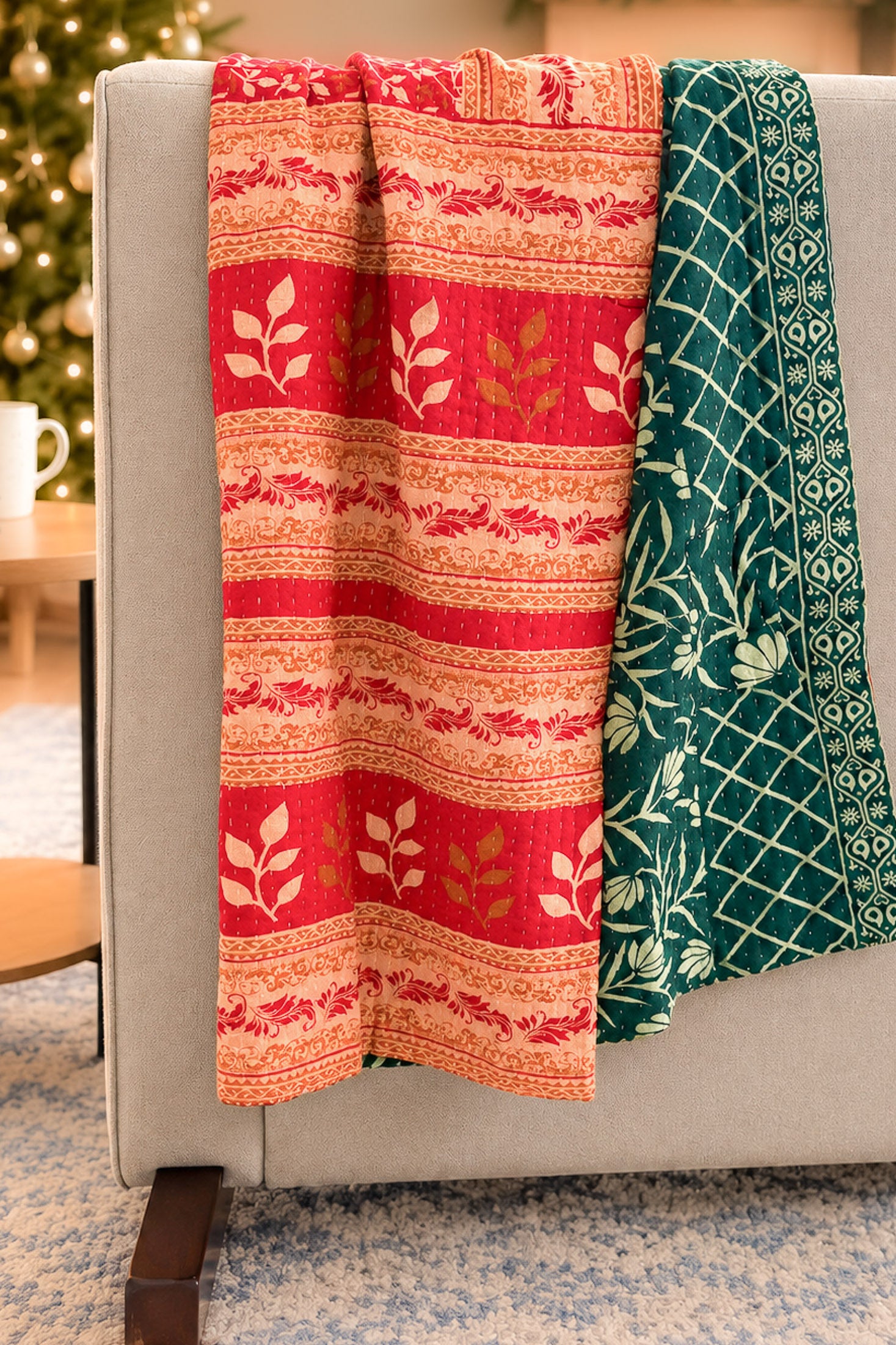 Peppermint Holiday Kantha Blanket