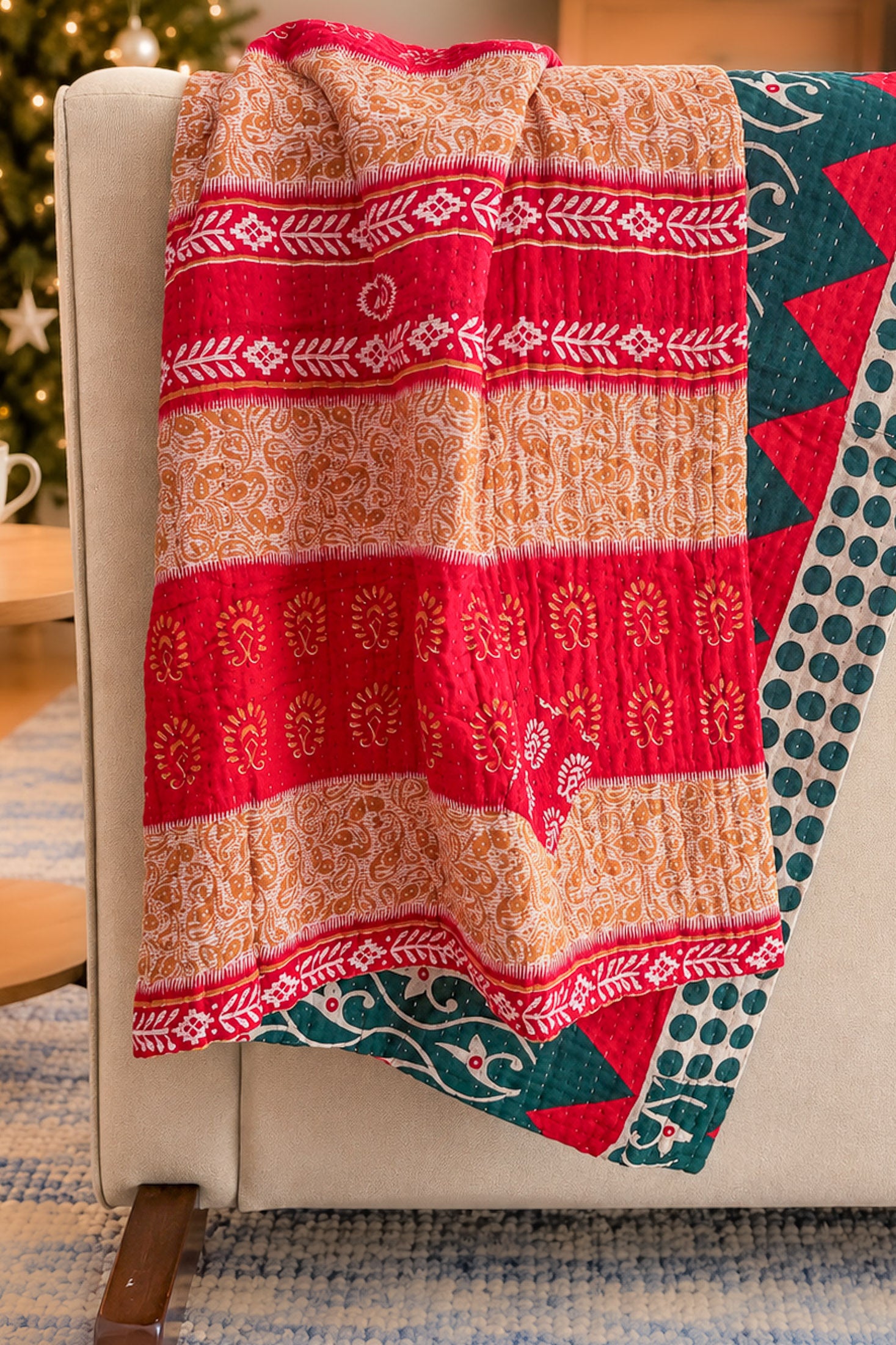 Silent Night Holiday Kantha Blanket