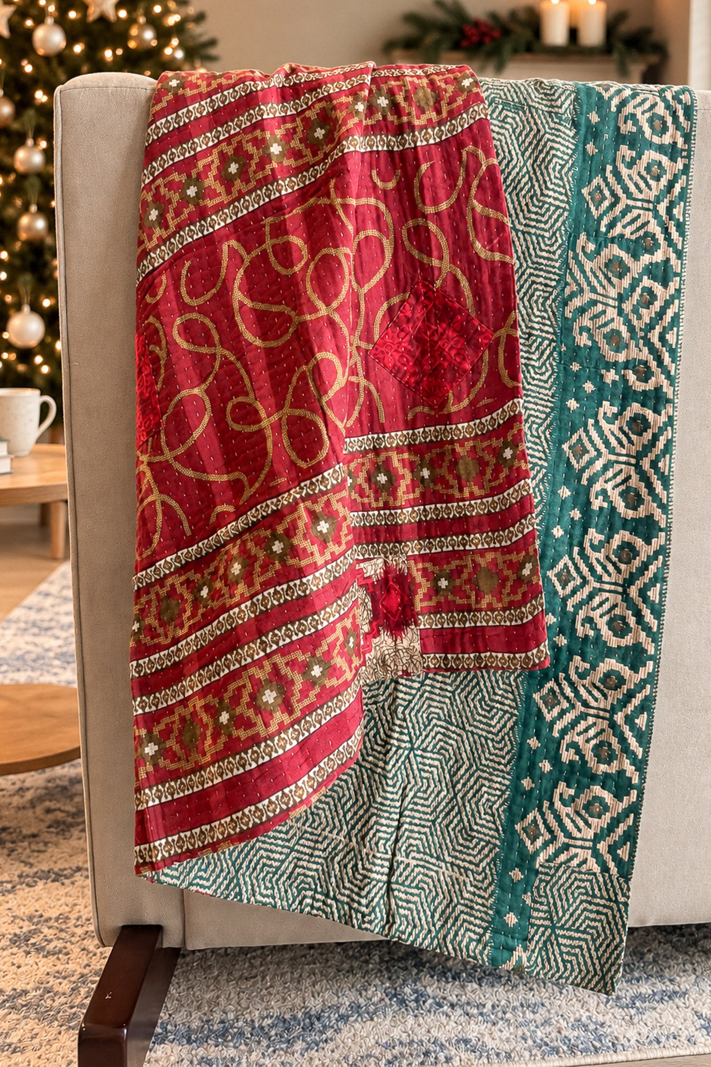 Sugarplum Holiday Kantha Blanket
