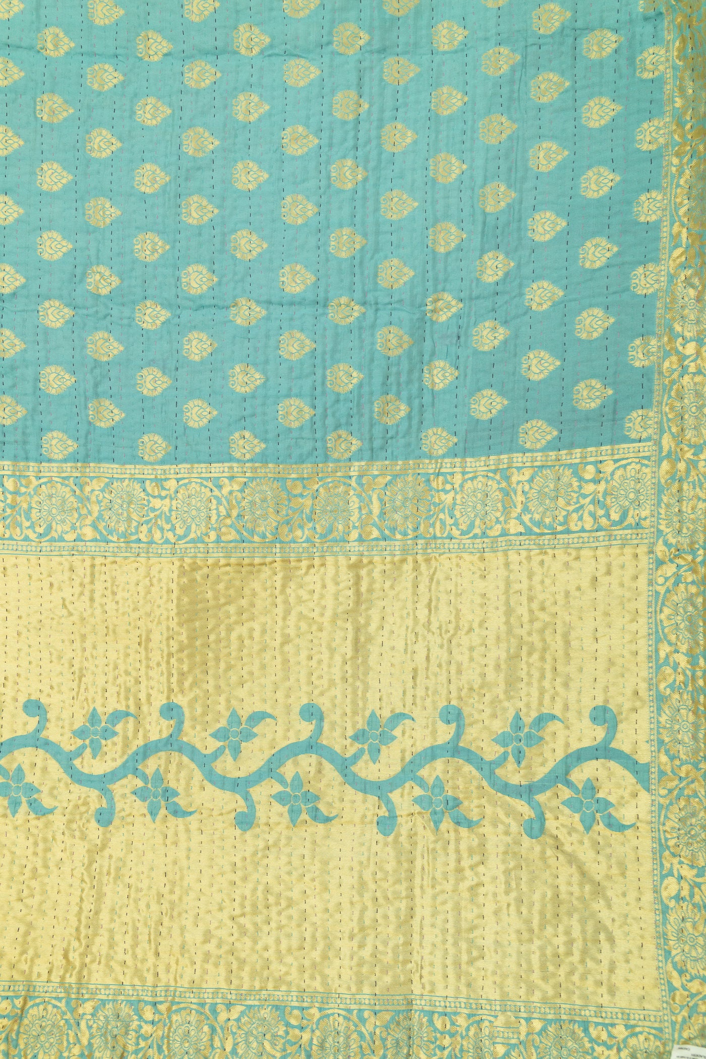 Turquoise Silk Blend Kantha Throw Blanket
