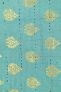 Turquoise Silk Blend Kantha Throw Blanket